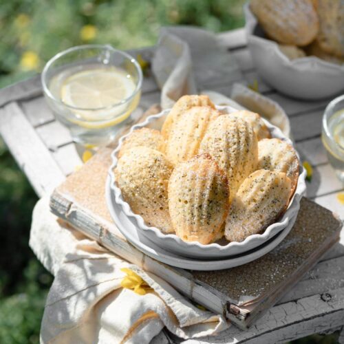 Lemon Poppyseed French Madeleines Recipe served with lemonade.