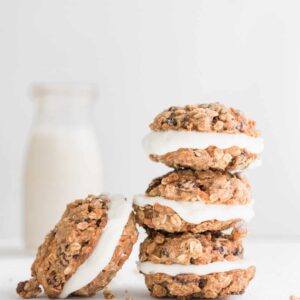 stack of carrot cake oatmeal cookie cream pies