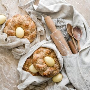 Easter Bread Nests with apron and baking supplies