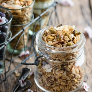 Homemade granola with pistachios and coconut.