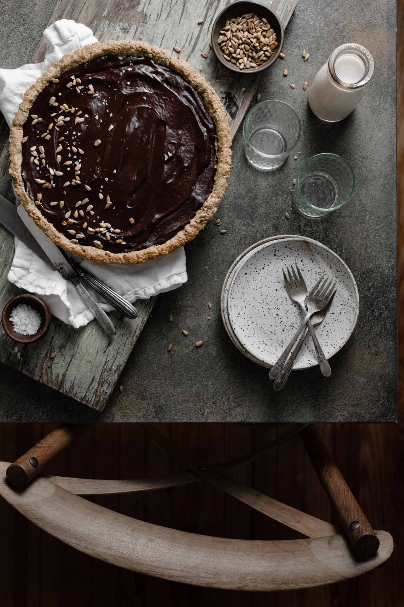 Sunflower Butter Chocolate Tart with a coconut oat crust.
