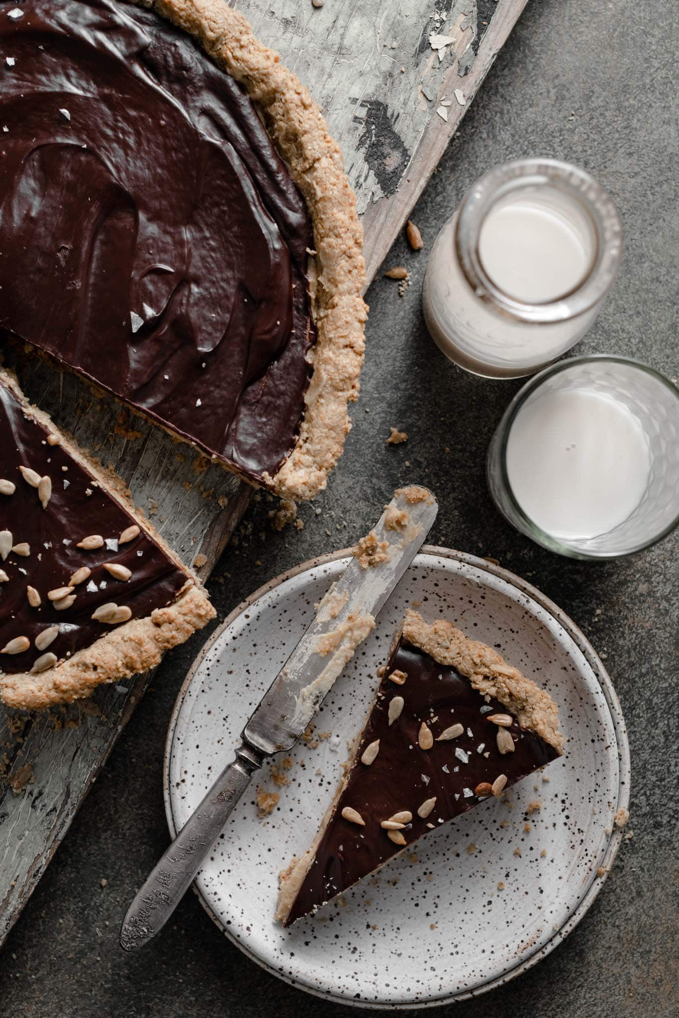 Sunflower Butter and Chocolate Tart with a coconut crust.