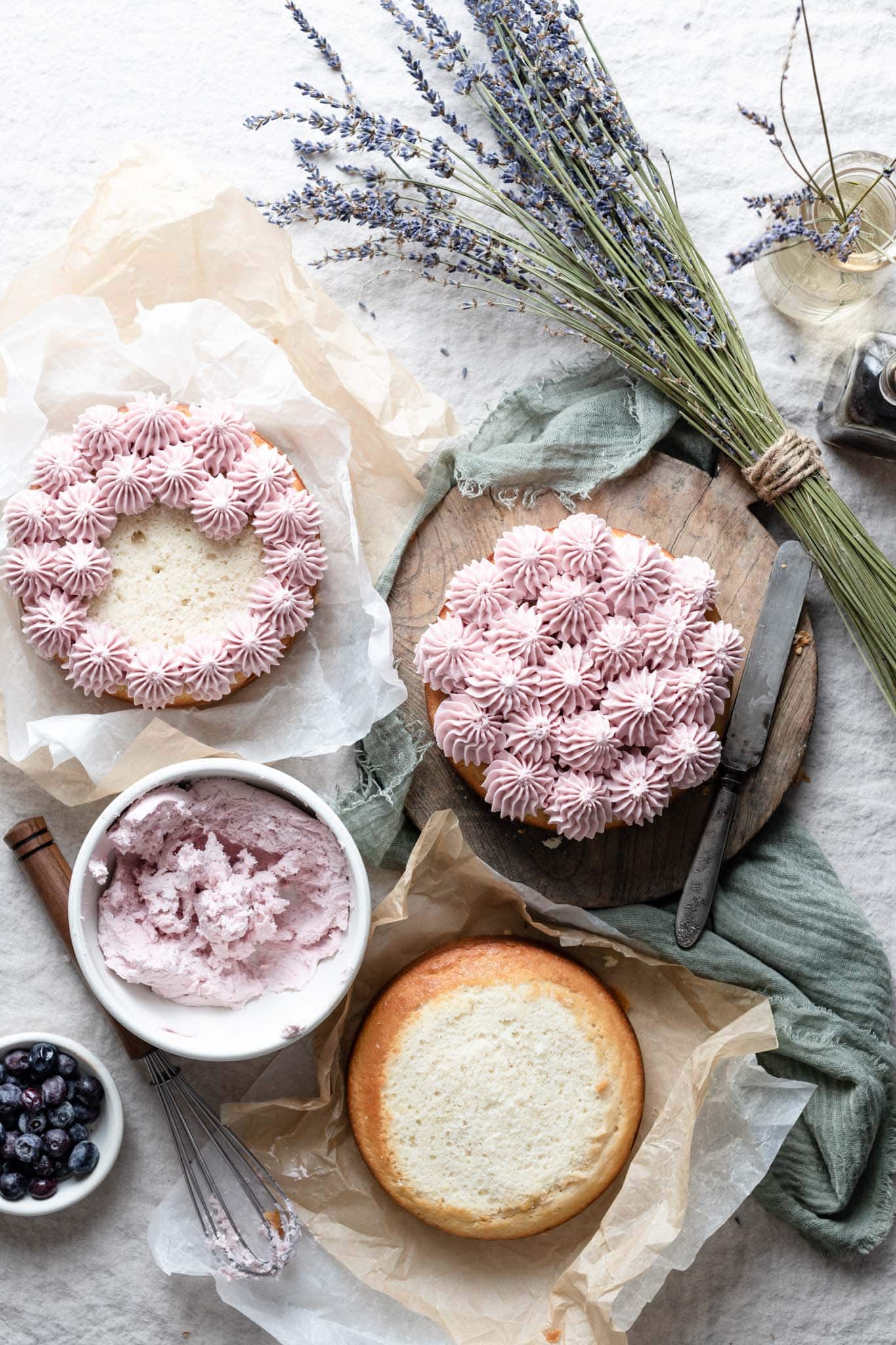 Homemade vanilla cake with yogurt and topped with lavender buttercream.