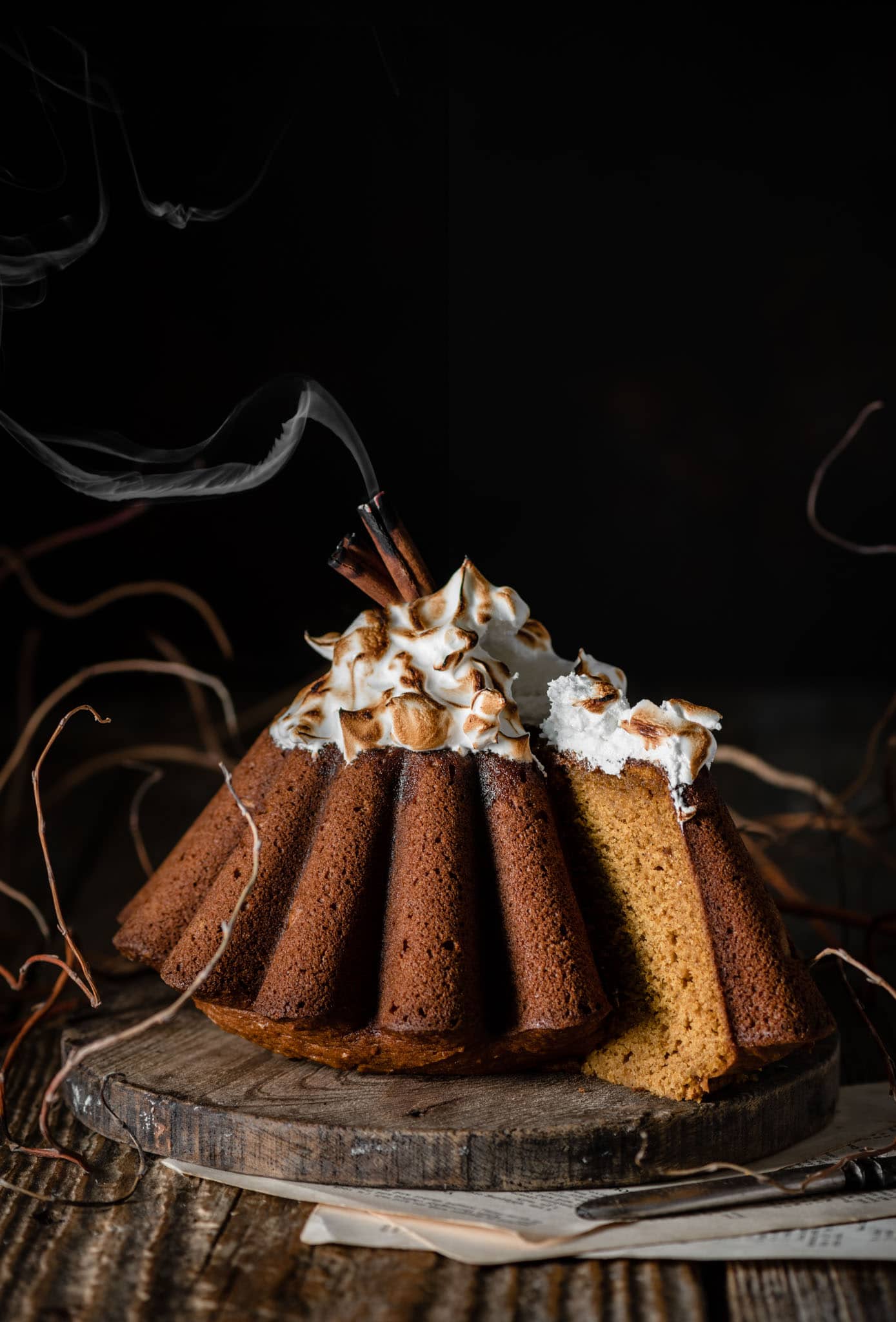 Pumpkin bundt cake with toasted meringue.