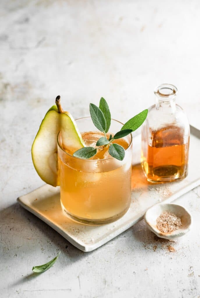 Pear Cocktail with a glass of bourbon.