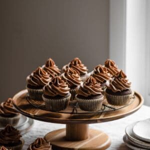 Chocolate cupcakes on a cake stand.