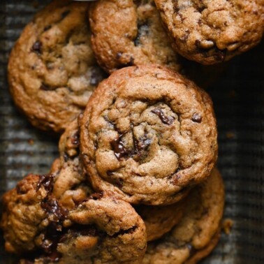 Closeup of rye chocolate chip cookies in a tin.