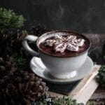 Closeup of a mug of steaming hot cocoa topped with a snowflake shaped marshmallow.