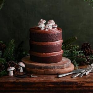 Closeup of a chocolate layer cake on table topped with meringue mushrooms.
