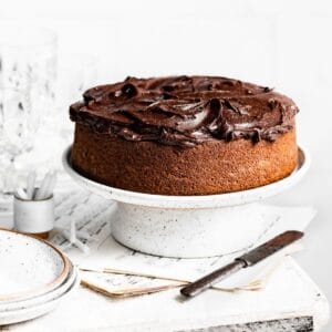 Chocolate frosted single layer cake on white cake stand.