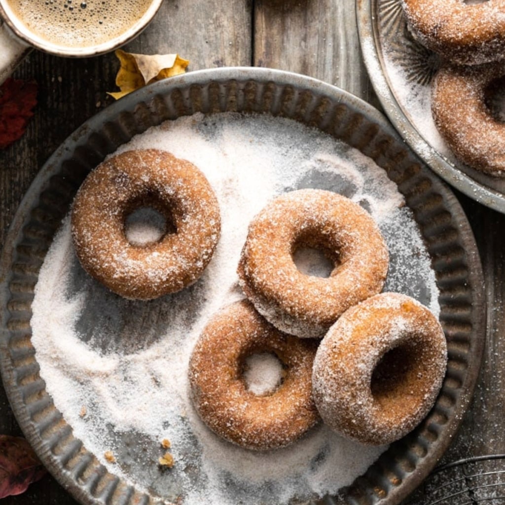 Apple cider donuts coated in cinnamon sugar on a plate next to a coffee.
