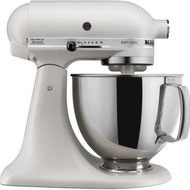 Kitchen Aid stand mixer in white with a metal mixing bowl