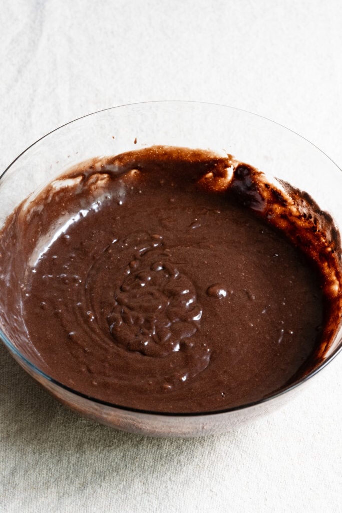 Bowl of chocolate olive oil cake batter.