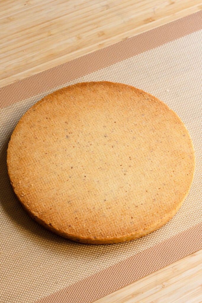 Bottom of a baked tart crust with textured design.