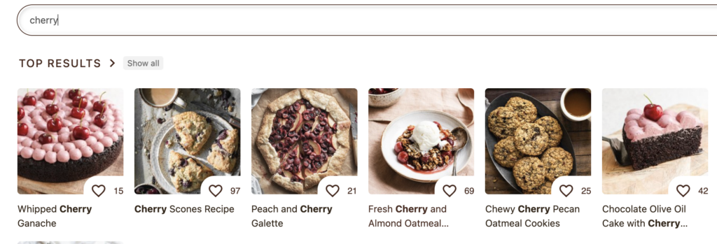 Search results using the website for cherry recipes.