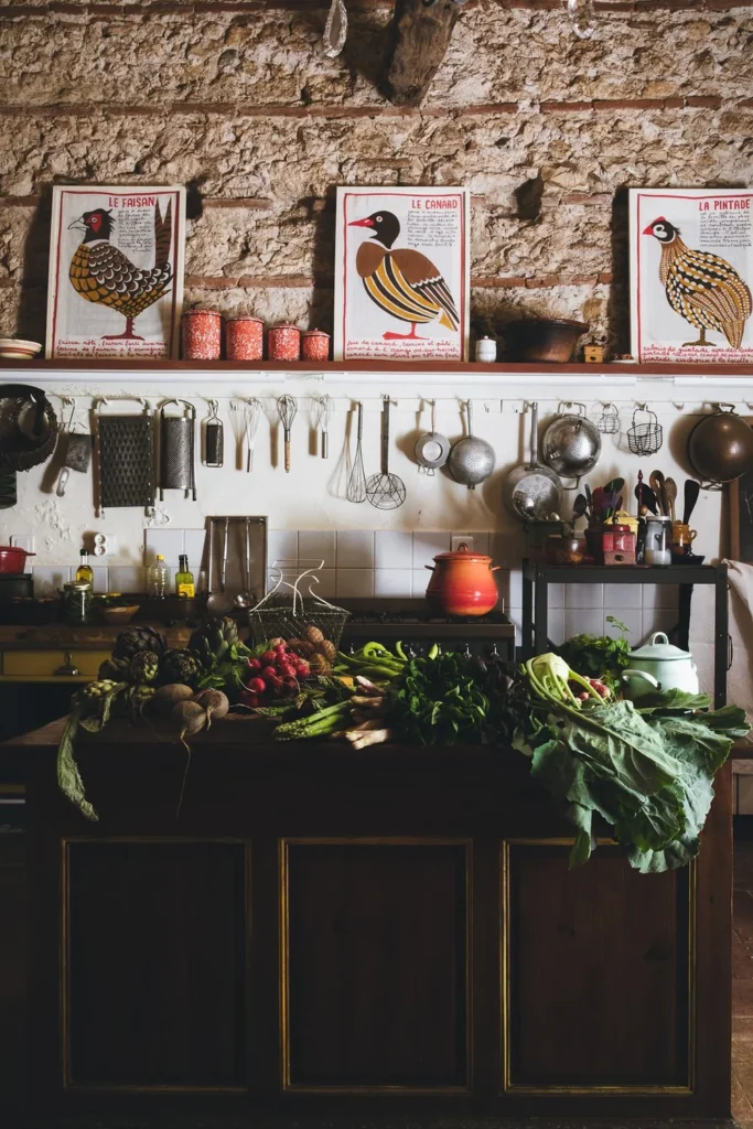 French country kitchen with produce across the counter.